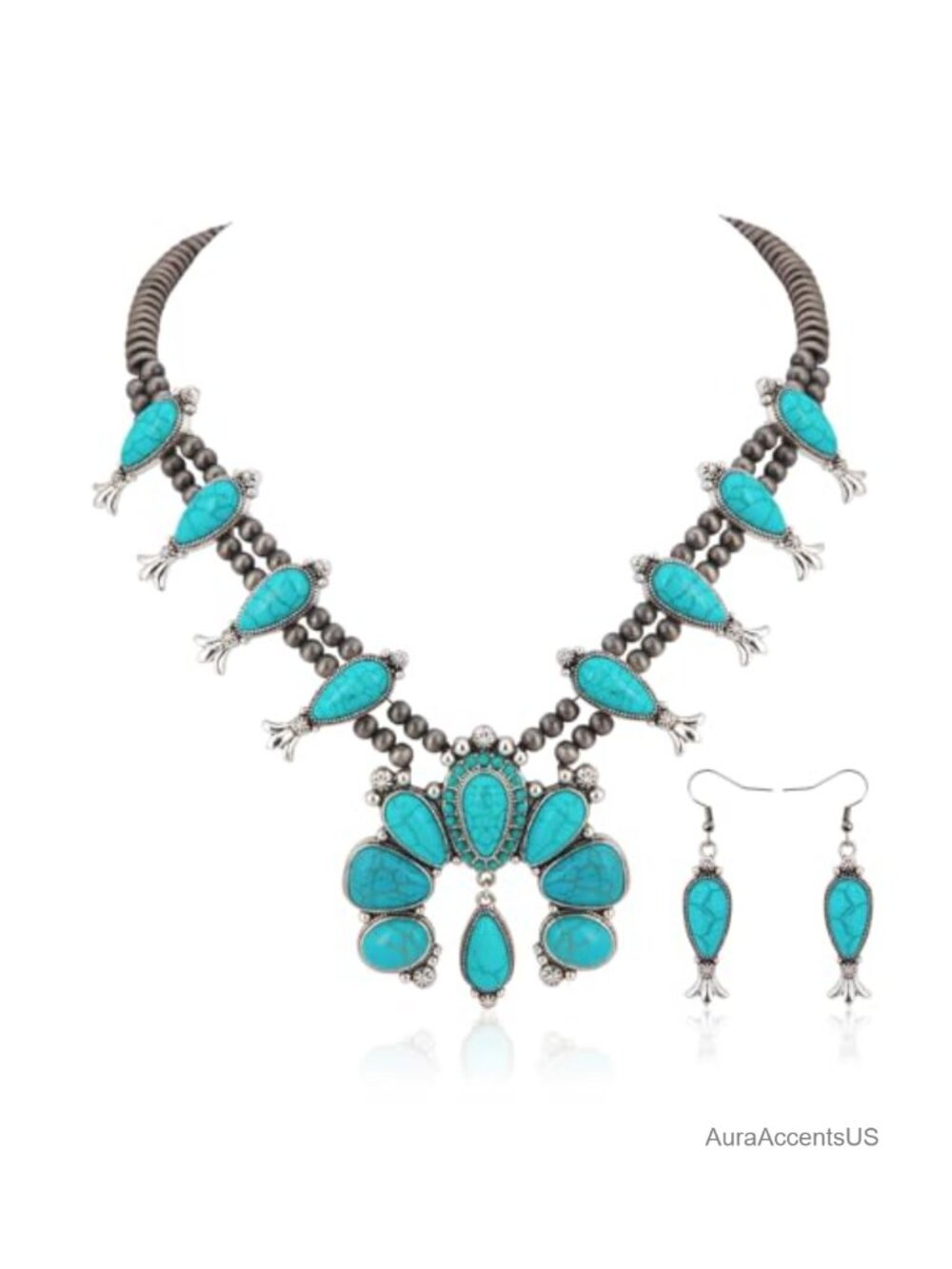 Turquoise Western Concho Necklace Dangle Earring Jewelry Set